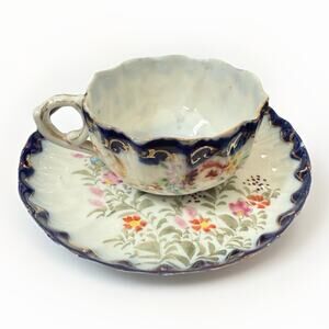 Antique Nippon Hand Painted Paper Bone China Scalloped Cup & Saucer Royal Blue